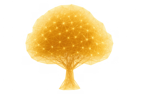 Digital golden tree representing data network connection, technology growth, and abstract futuristic science on transparent background