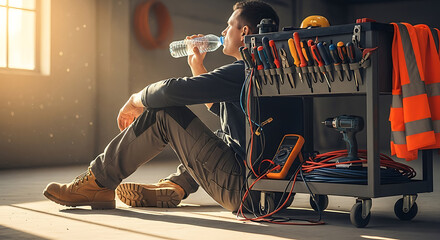 Hardworking tradesman taking a refreshing water break in a sunlit workshop, surrounded by tools and industrial equipment.