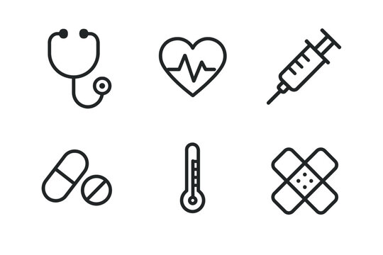 Medical icons: stethoscope, heartbeat, syringe, pills, thermometer, bandage