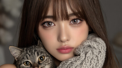 猫を抱えた女性のポートレート