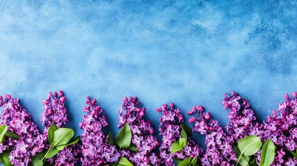 Vibrant purple lilac blossoms border a textured, cerulean blue background