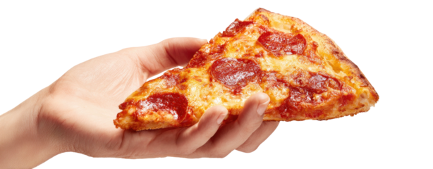 Hand holding a slice of pepperoni pizza, isolated on black