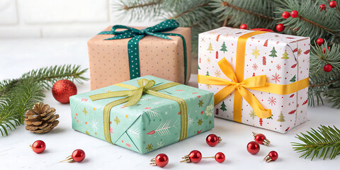 Festive 3D Christmas Gift Boxes in a Row