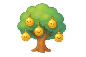 Tree growing smile bombs, a cute cartoon illustration for game assets and fantasy themes on transparent background