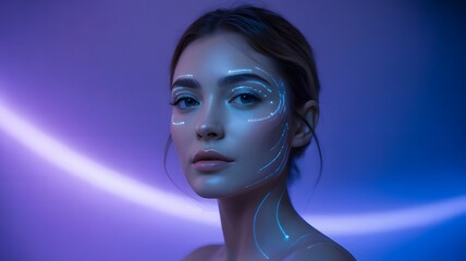Woman with glitter makeup and neon purple lighting