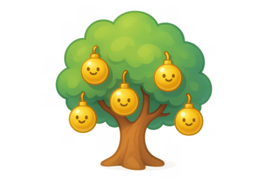 Tree growing smile bombs, a cute cartoon illustration for game assets and fantasy themes on transparent background - Powered by Adobe
