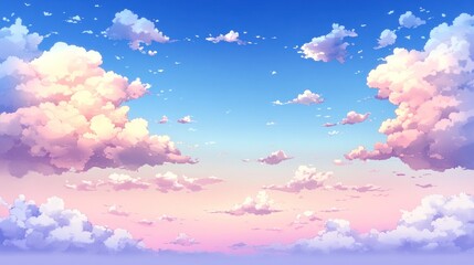 Anime-style artwork of a vibrant sky with fluffy, pastel-colored clouds at sunrise/sunset
