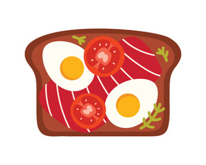 Traditional Danish smorrebrod with eggs, tomato, and meat on isolated white background vector illustration