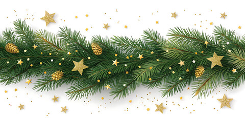 Christmas or New Year Ornament Composition with Pine Branch and Gold 3D Baubles on White Background