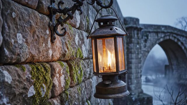 Vintage lantern hanging on stone wall near archway in winter  