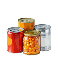 Four food containers, including a glass jar of beans and three metal cans