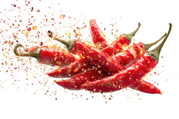 Fiery red chili peppers dusted with shimmering spice particles