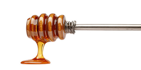 Golden honey dripping from a wooden dipper on a black background