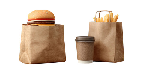 Fast food bag with burger, fries, and a coffee cup