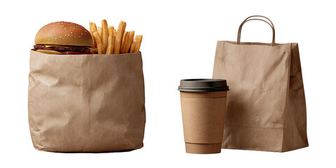 Brown paper bags hold a burger, fries, and coffee