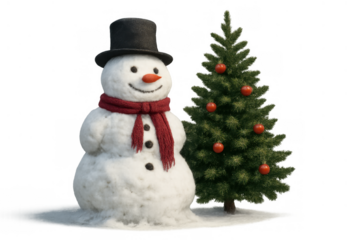 Snowman with red scarf and top hat standing beside a decorated christmas tree, symbolizing winter holidays, transparent background