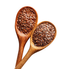 Two wooden spoons overflowing with tiny brown flax seeds