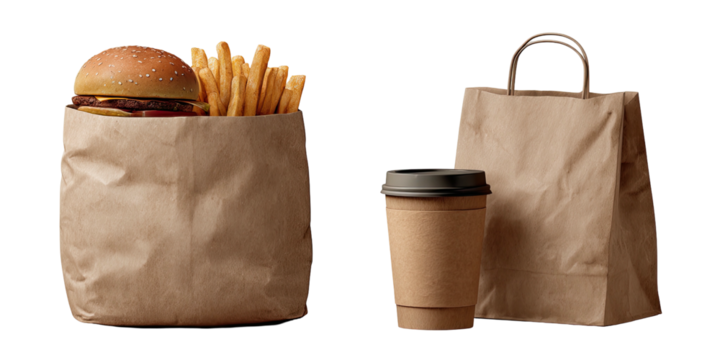 Brown paper bags hold a burger, fries, and coffee - Powered by Adobe