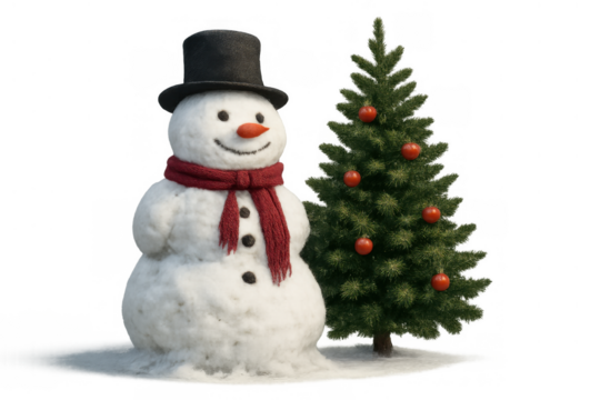 Snowman with red scarf and top hat standing beside a decorated christmas tree, symbolizing winter holidays, transparent background - Powered by Adobe