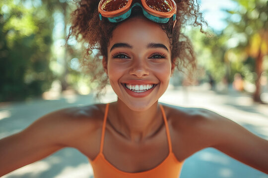 Happy Smiling person Riding Skateboard Outdoor in Urban Park Sunshine Lifestyle Generative AI - Powered by Adobe