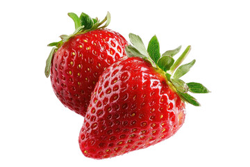 Two ripe, red strawberries with green leafy tops on black