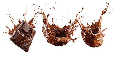 Rich chocolate cubes and fluid splashes in motion on black