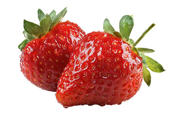 Two bright red, plump strawberries with green leaves