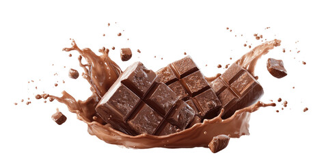 Chocolate bars splashing into a swirl of creamy liquid