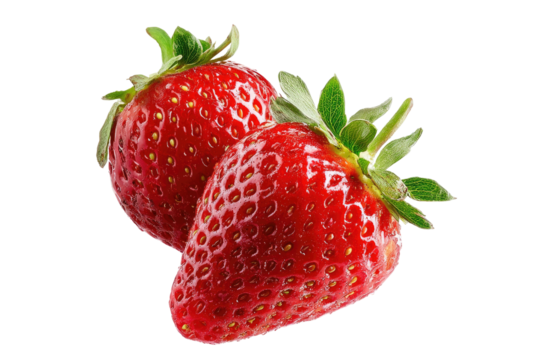 Two ripe, red strawberries with green leafy tops on black - Powered by Adobe