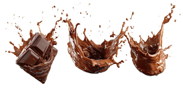 Rich chocolate cubes and fluid splashes in motion on black