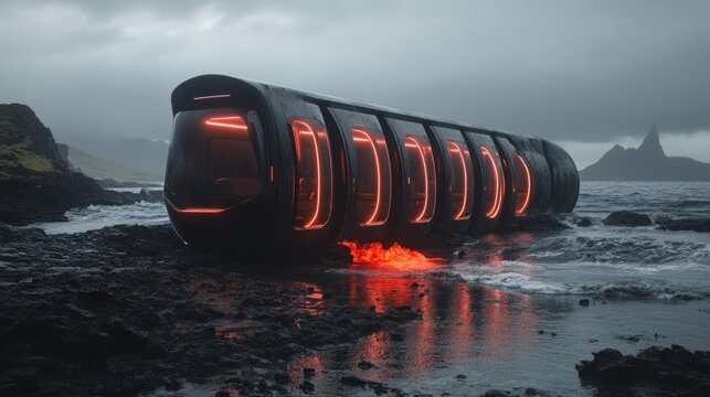 Sleek, futuristic pod aground on a rocky shore, glowing red against a misty landscape