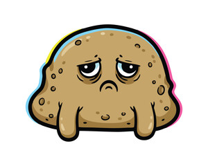 Sad Potato Character: Tired, Lazy, Unhealthy, and Glitch Food Humor Vector