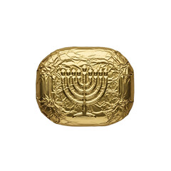 A high-resolution scan of a real, crinkled gold foil wrapper from a piece of Hanukkah gelt with embossed menorah design. Ideal for holiday promotions, graphic design, and adding realistic textures.