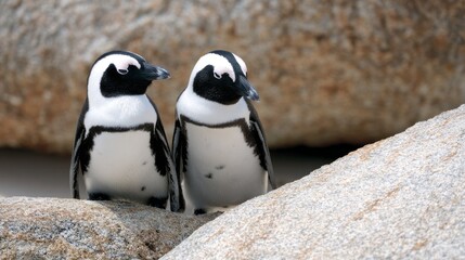 Two African penguins stand together on rocky terrain at Boulders Beach, Cape Town, enjoying the sun and showcasing their playful nature among the stunning natural scenery