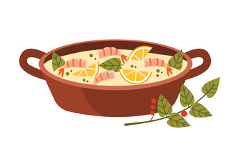 Isolated Finnish fish soup with shrimp, lemon, and herbs in a pot on white background vector illustration