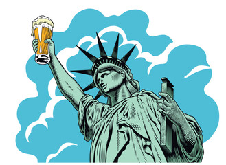 Statue of liberty holding a beer pint. Poster or greeting card design. Comic style engraving vector illustration.