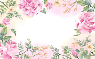 Fototapeta premium Spring floral template, frame with Pink rose, floral composition, freesia, leaves on delicate watercolor spot. Pastel botanical flower Illustration isolated from background for your design card.
