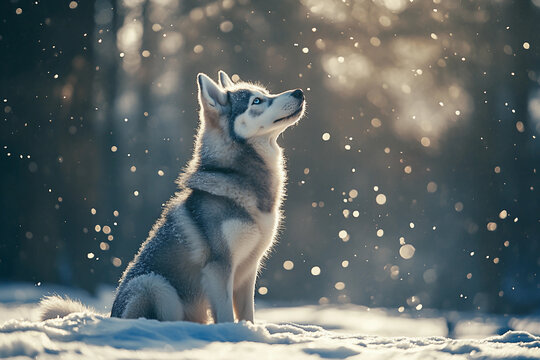Close-up of Siberian husky dog with blue eyes and snowy fur outdoors in winter forest setting, generative ai image - Powered by Adobe