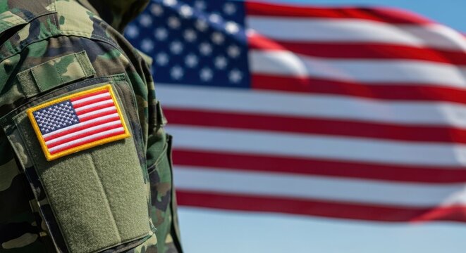 Soldier in camouflage uniform with US flag patch, American flag waving in background against blue sky, symbolizing patriotism and military service.