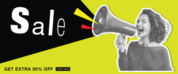 Retro Collage Sale Banner. Cutout Paper Shape of Woman Announcing Sale Offers Through a Megaphone on Green Background. Screaming into the Megaphone. Vector Vintage Poster.