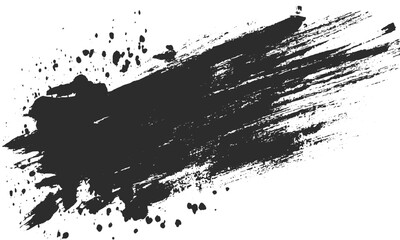 Black brushstroke on white background with watercolor splashes. Hand drawn grunge brush stroke with paint splatter texture