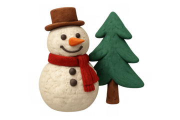 Plasticine snowman wearing hat and scarf standing next to christmas tree, celebrating winter season and festive holidays