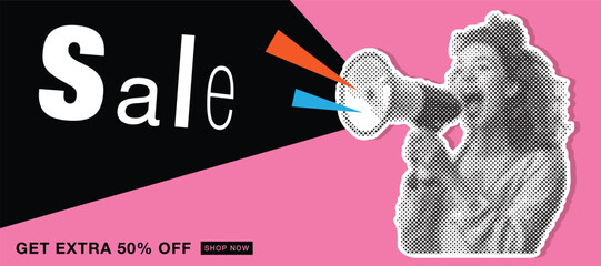 Retro Collage Sale Banner. Cutout Paper Shape of Woman Announcing Sale Offers Through a Megaphone on Pink Background. Screaming into the Megaphone. Vector Vintage Poster.
