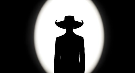 Mysterious silhouette of a figure in a cowboy hat under a spotlight