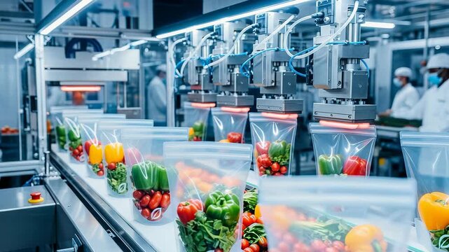Bioplastic packaging plant fills compostable bags with fresh produce in automated process