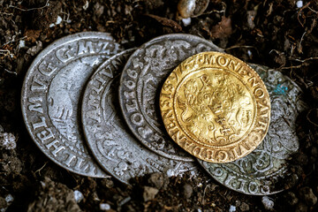Ancient coins of the Polish King Sigismund III Vasa.A hoard of medieval European gold and silver coins.Numismatics.Collection of old coins.Antikvariat. © bukhta79