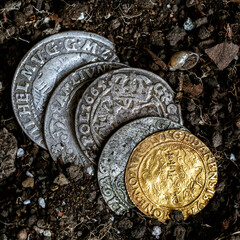 Ancient coins of the Polish King Sigismund III Vasa.A hoard of medieval European gold and silver coins.Numismatics.Collection of old coins.Antikvariat. © bukhta79