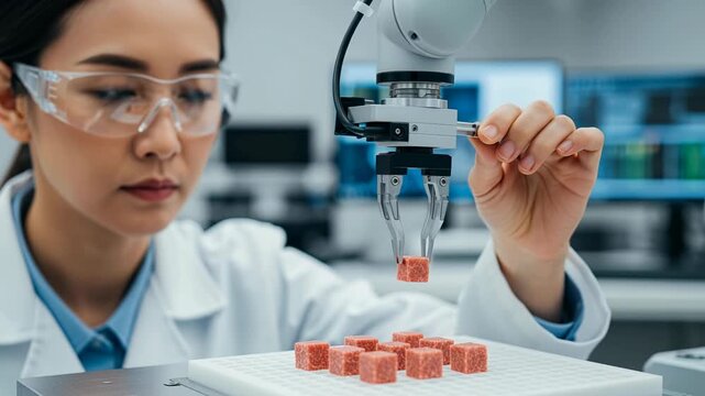 Quality control specialist uses robotic arm for precise placement of artificial meat samples in testing lab