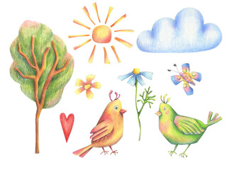 Cute birds tree summer clipart set isolated on transparent background. Cartoon hand drawn illustration collection of bird, flower, sun, butterfly. Bright kids summer nature design