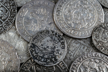 Ancient coins of the Polish King Sigismund III Vasa.A hoard of medieval European gold and silver coins.Numismatics.Collection of old coins.Antikvariat. © bukhta79